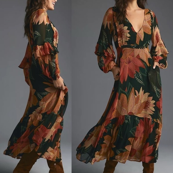 FARM Rio Dresses & Skirts - NEW! Farm Rio- Floral V Neck Maxi Dress Size XS PETITE Green Boho Summer